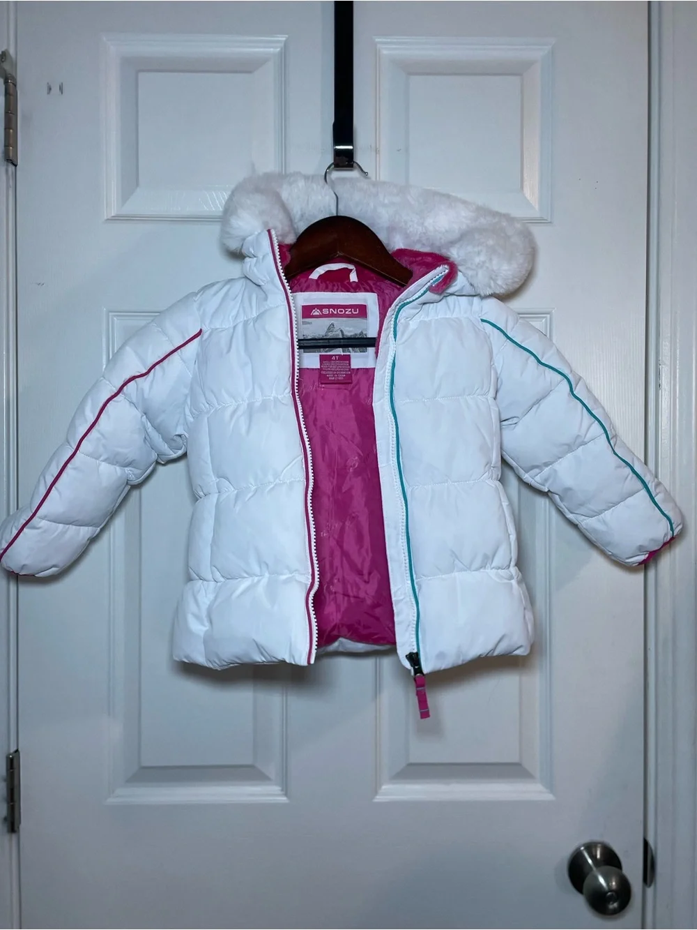 Snozu Girls 4T White Puffer Winter Coat Faux Fur Hood Pink Lined